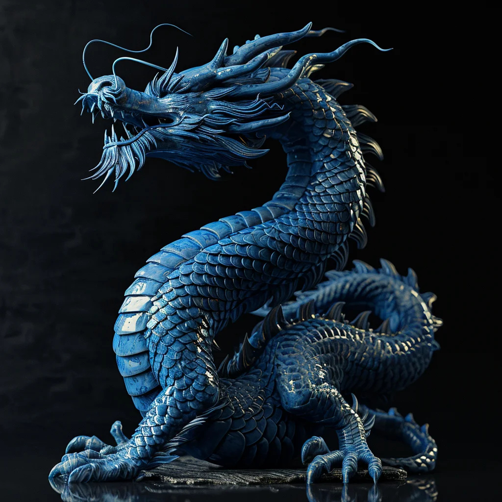 Chinese dragon blue statue 3D art artware sit