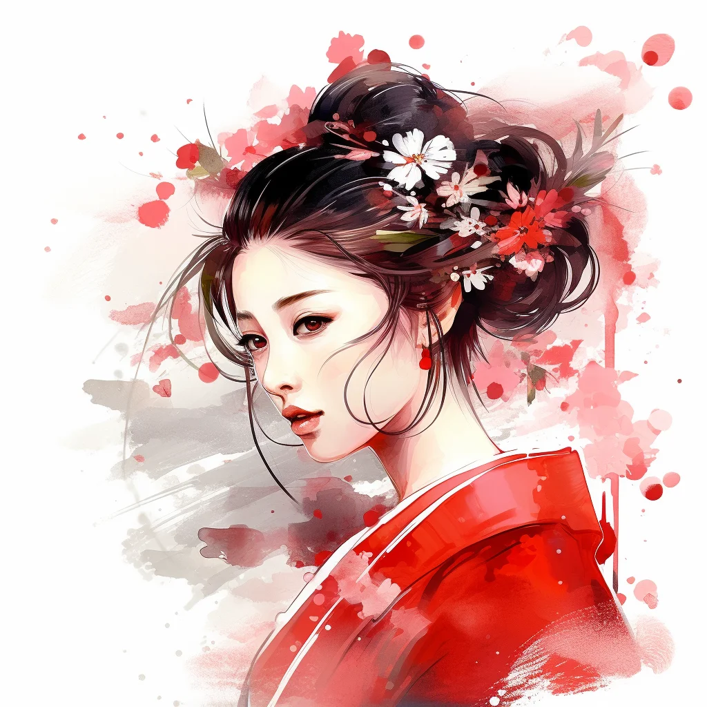 lady woman fairy profile red pink flower painting ink brush