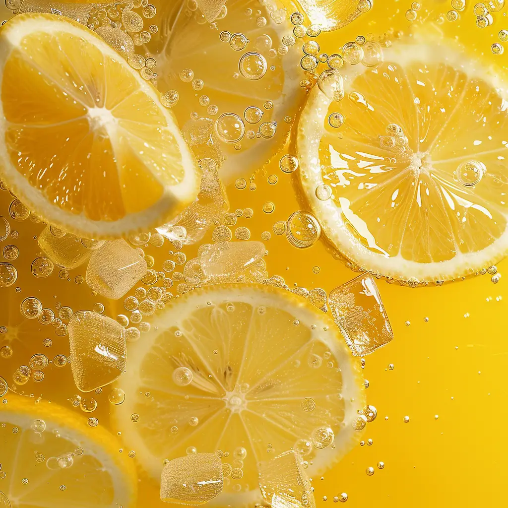lemon slice ice cube sparkling water bubble photography