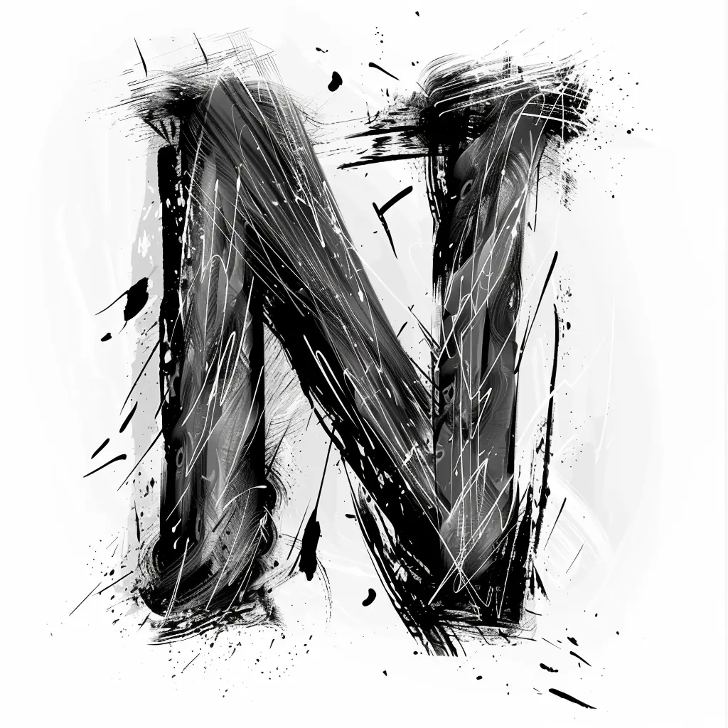 letter N brush ink black and white font art stroke