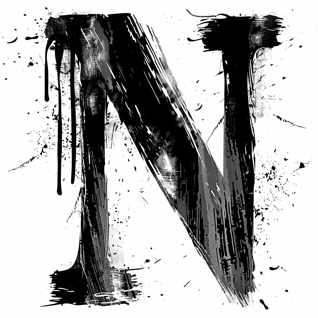 letter N brush ink black and white font stroke art