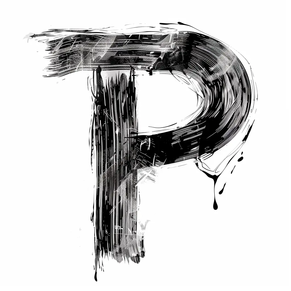 letter P brush ink art black and white font stroke