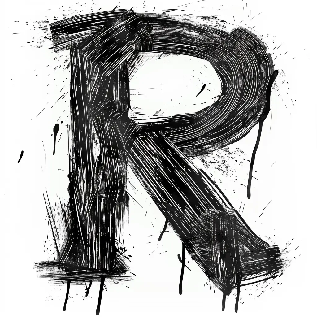 letter R brush ink art black and white font stroke