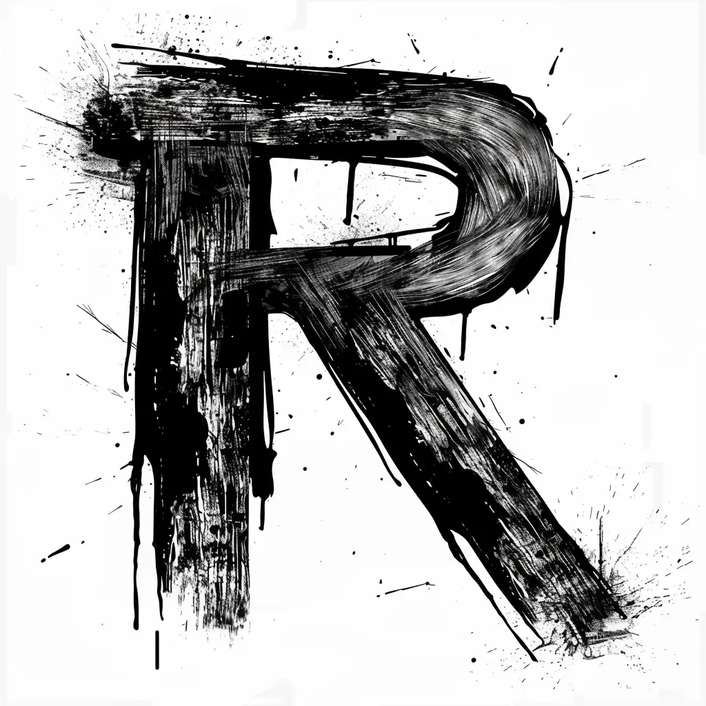 letter R brush ink black and white art font stroke