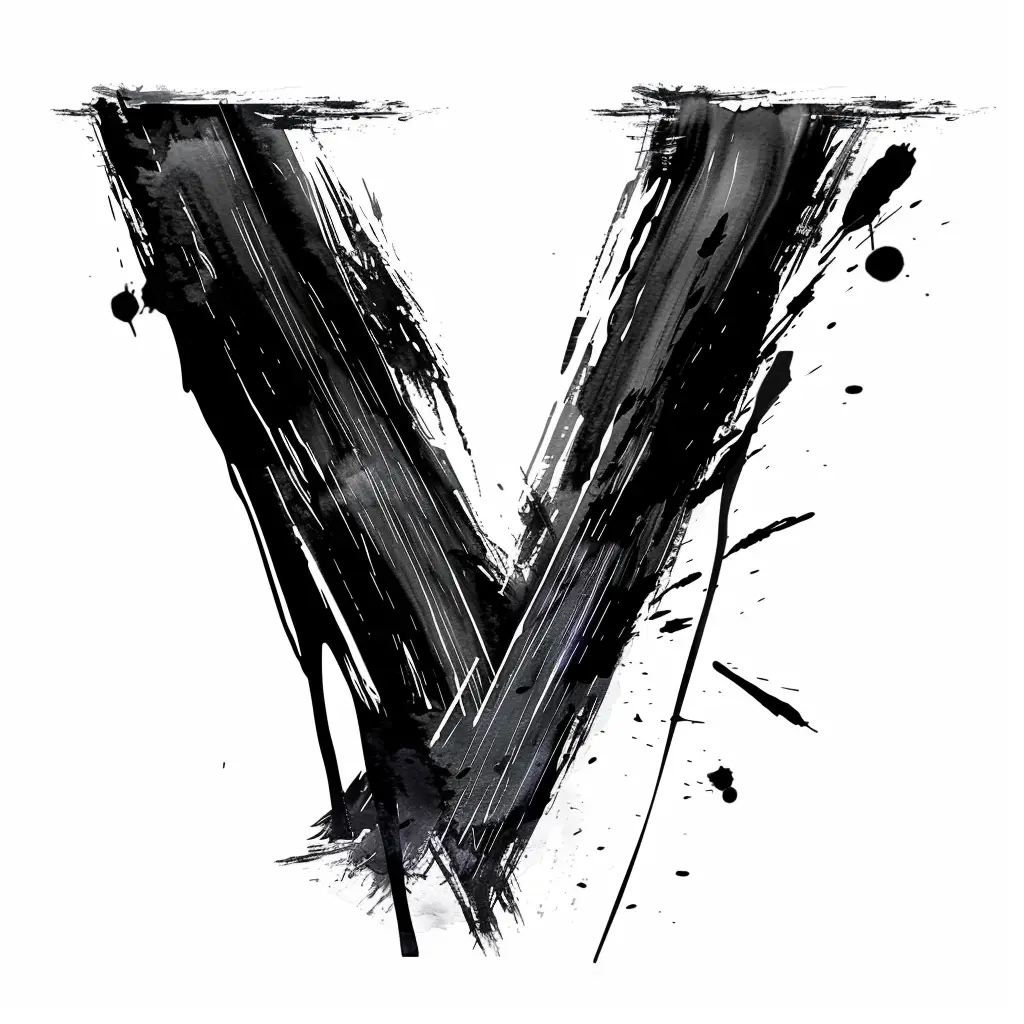 letter V brush ink black and white font art stroke