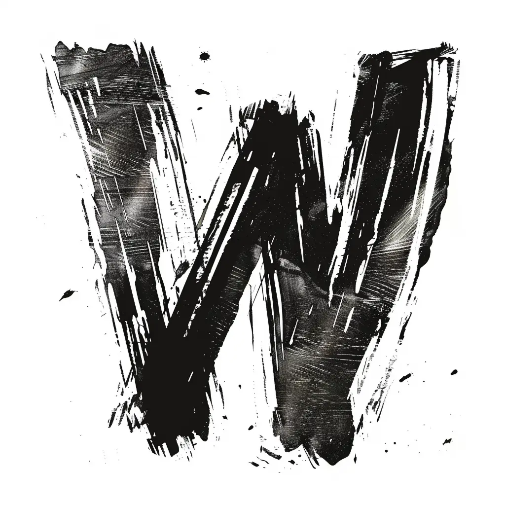 letter W brush ink black and white font stroke art