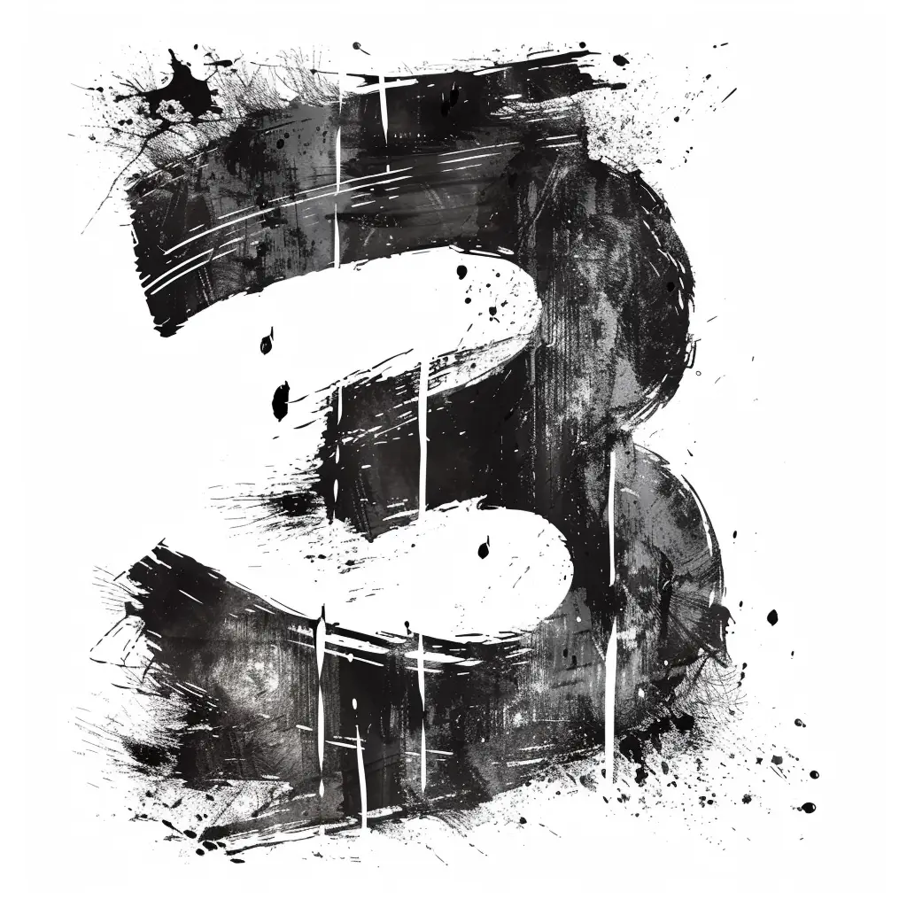 number 3 brush ink black and white art letter font stroke