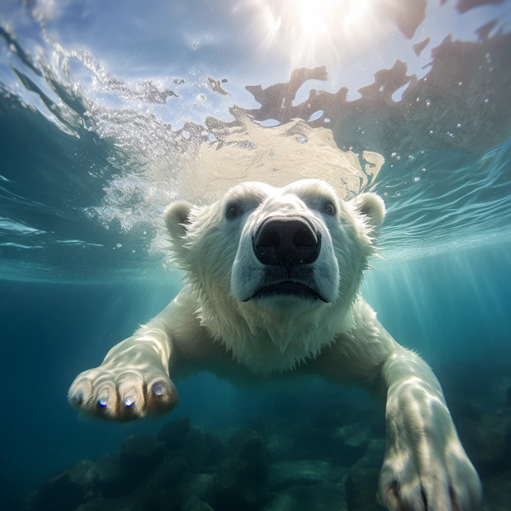 white polar bear underwater sea light swim diving photography