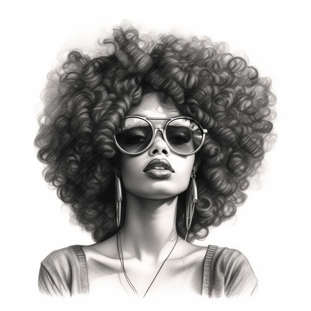 woman lady female sunglasses curly hair head sketch drawing pencil black and white