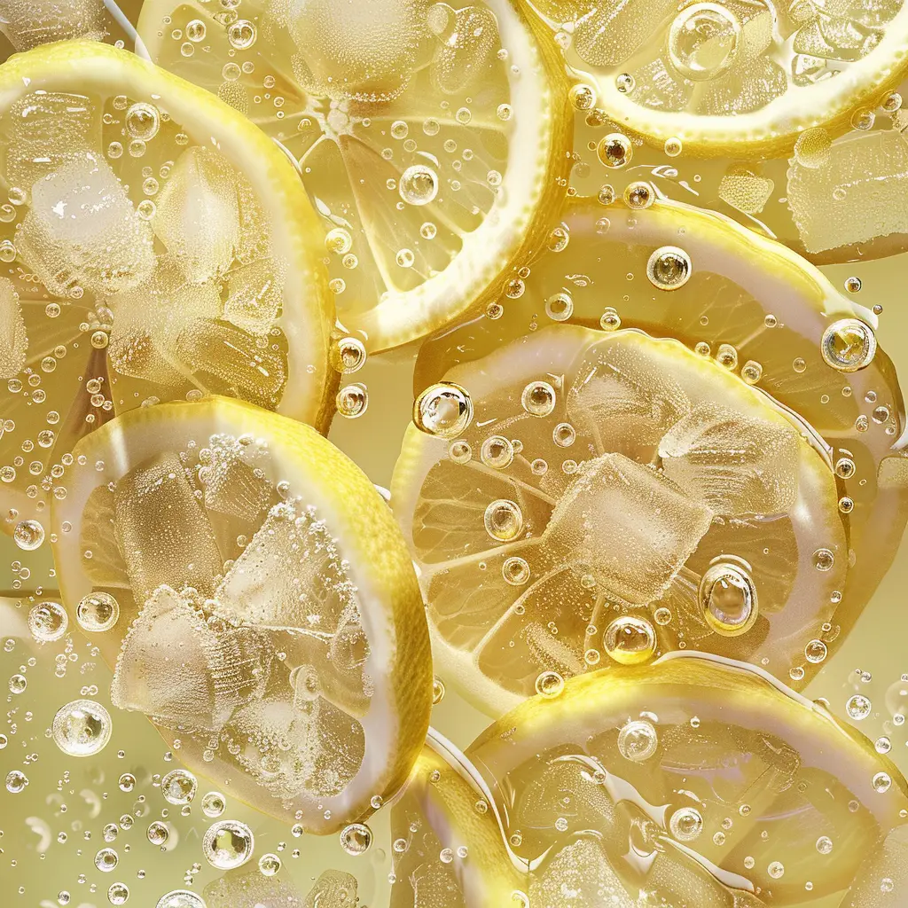 yellow lemon slice bubble  sparkling water ice cube photography