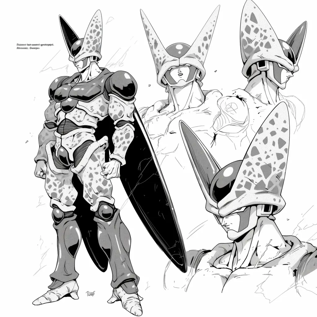 Cell Dragon Ball character comics cartoon Animation sketch black and white drawing schematic