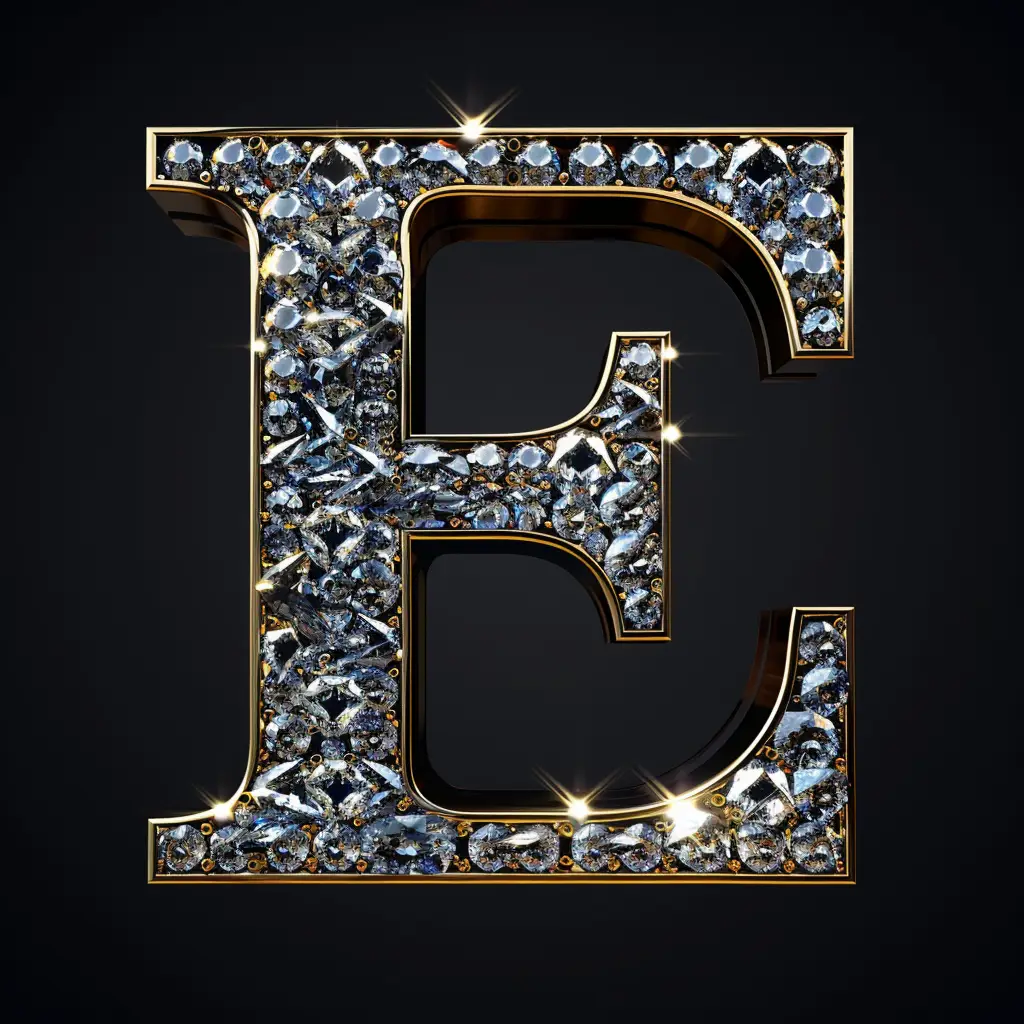 E letter word type text 3D diamond gold