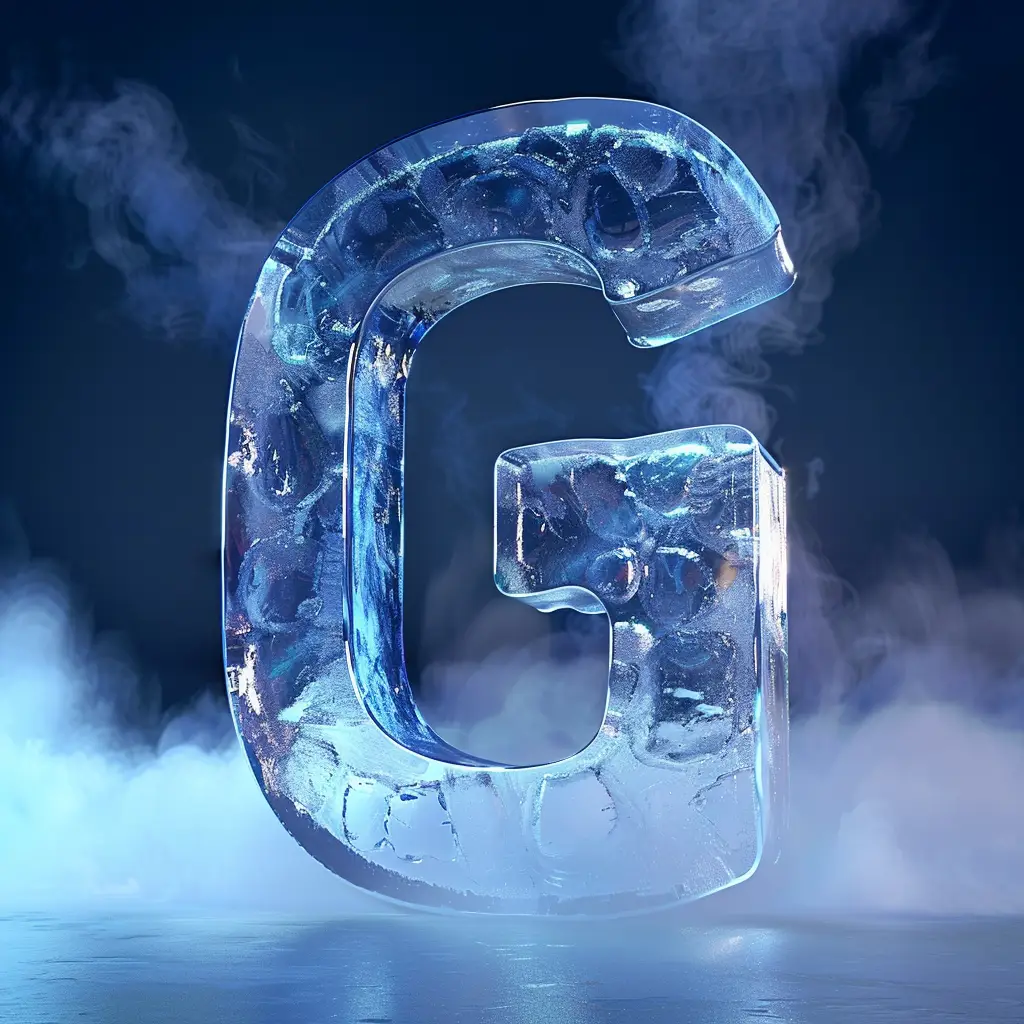 G letter cold ice block text word freeze 3D