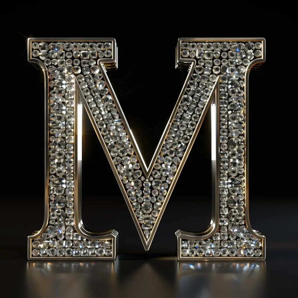 M letter word text type 3D diamond gold