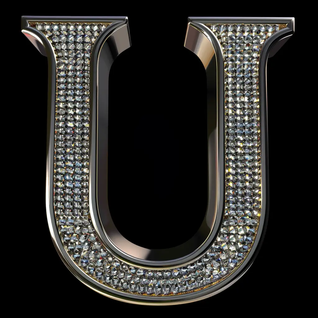 U letter word type text 3D diamond gold