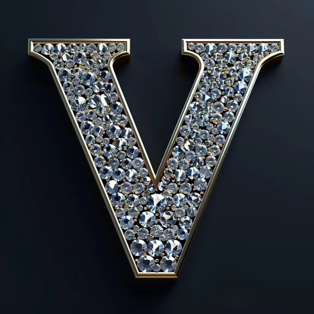 V letter word type text diamond gold 3D