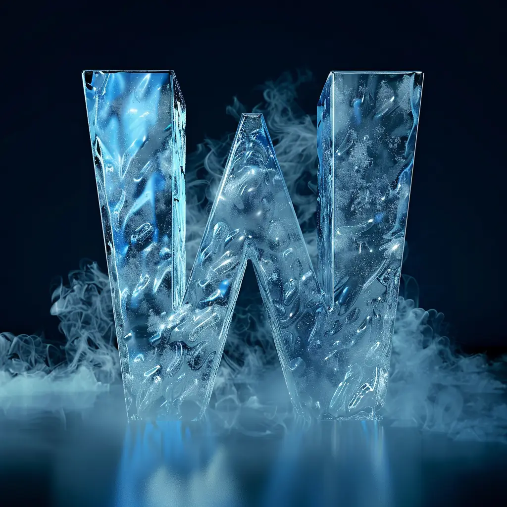 W letter cold ice block text word 3D freeze