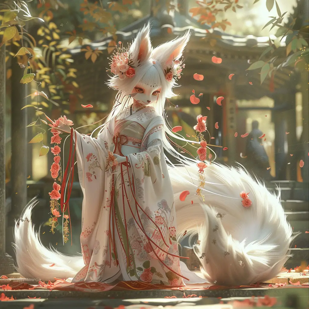 white fox doll fairy garden 3D dress tail