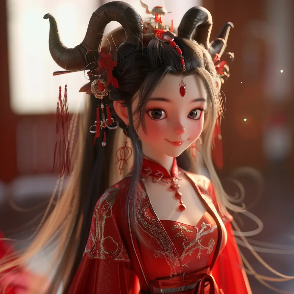girl Chinese dragon horn smile happily cute