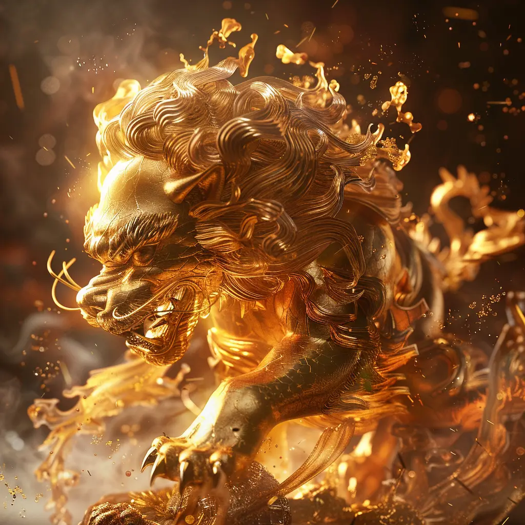 Chinese lion fire lighting gold golden 3D CG