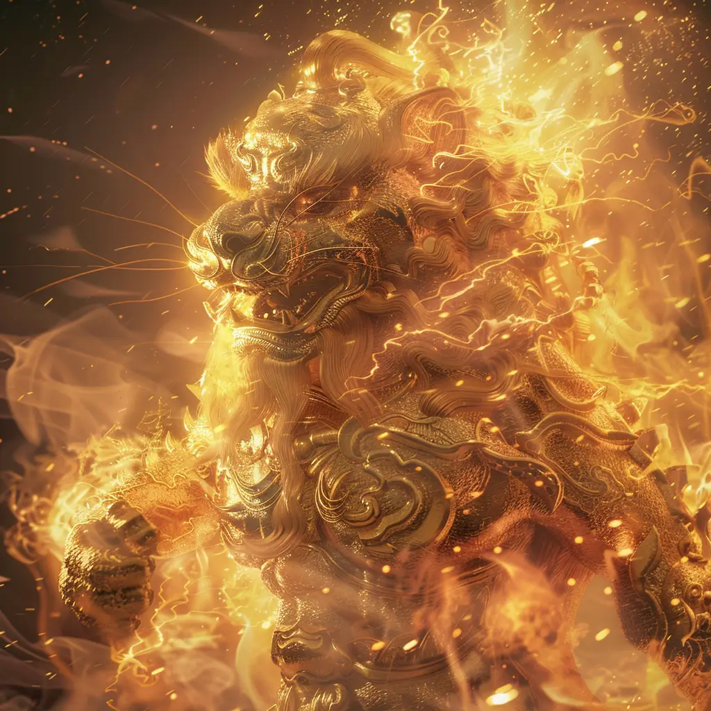 Chinese lion fire lighting gold golden CG 3D