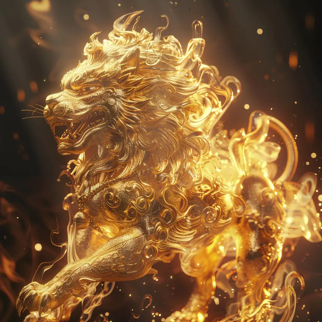 Chinese lion fire lighting golden gold 3D CG