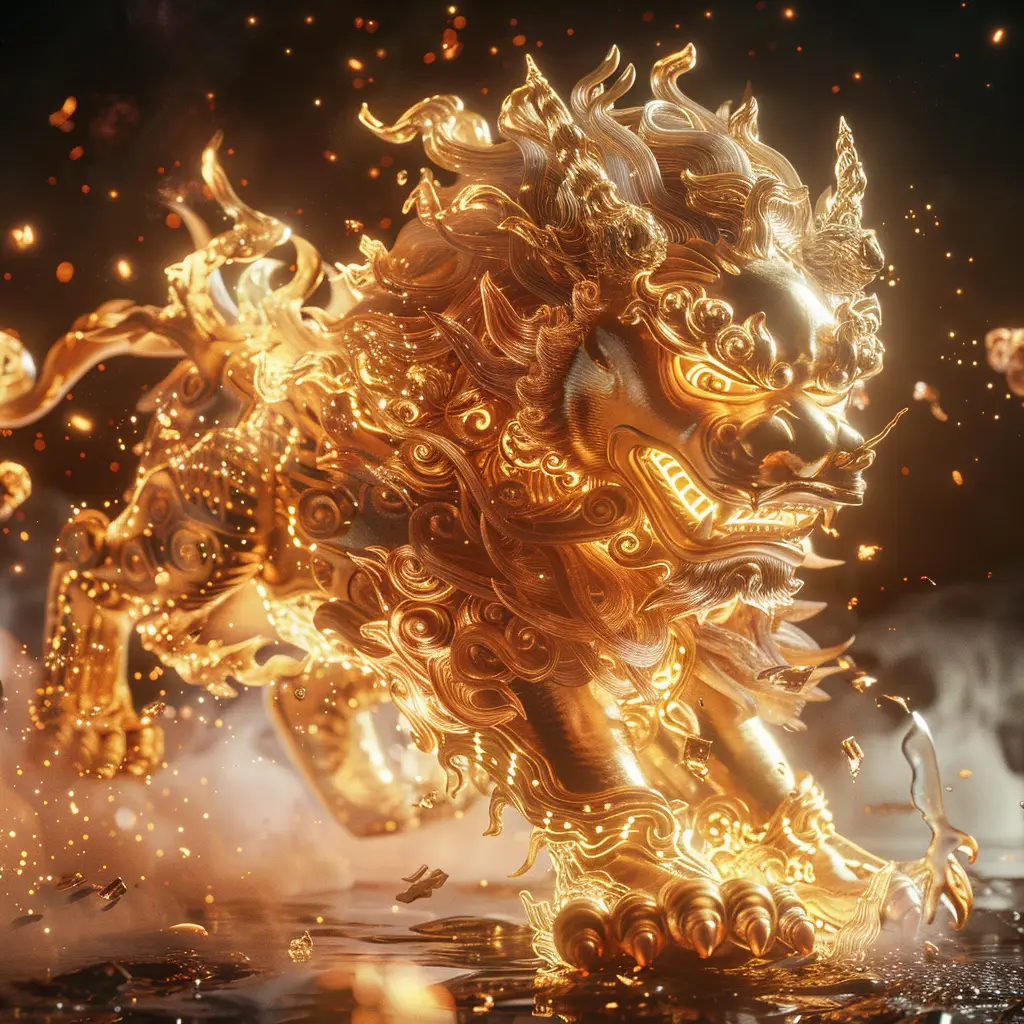 Chinese lion fire lighting golden gold CG 3D
