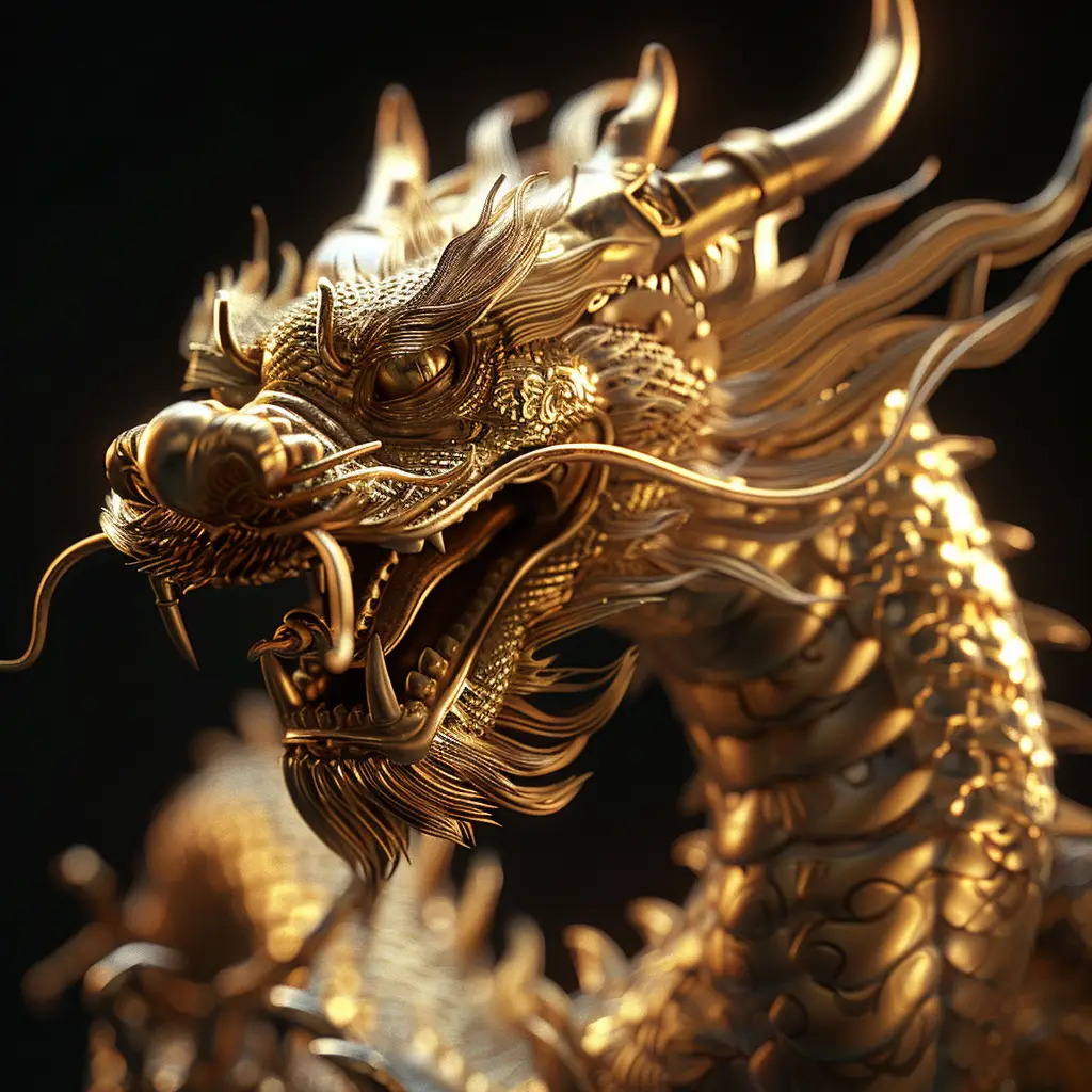 loong Chinese dragon gold golden 3D sculpture pattern