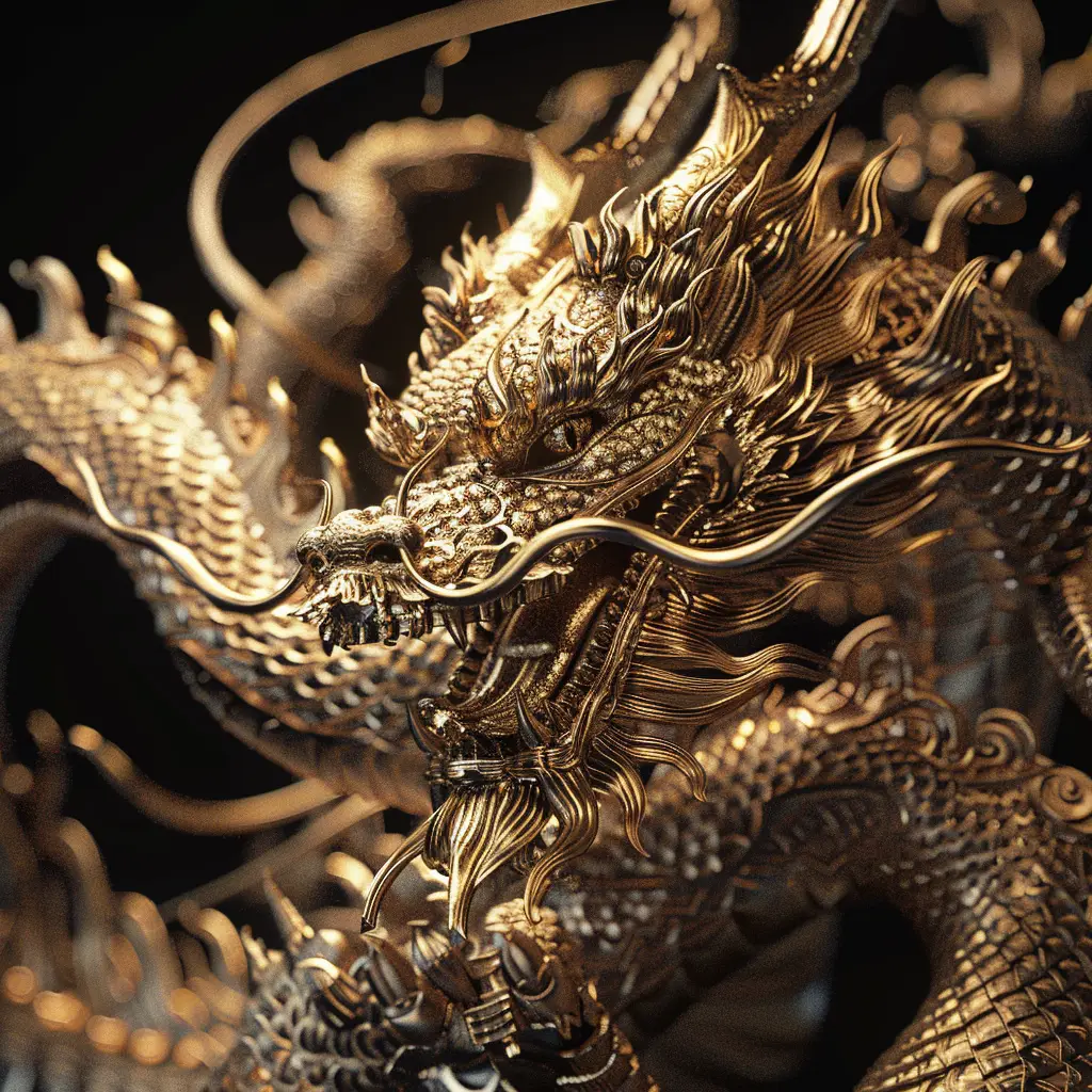 loong Chinese dragon gold golden sculpture 3D