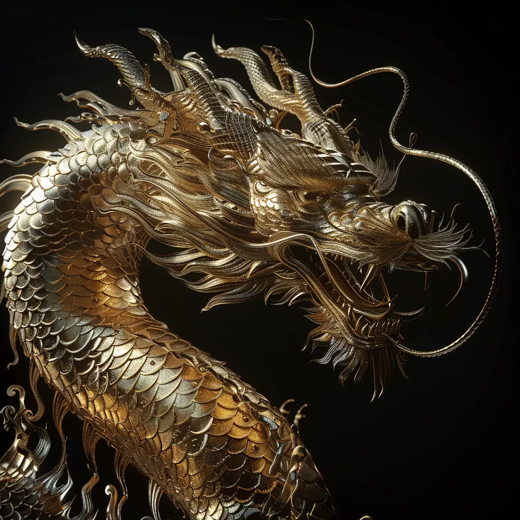 loong Chinese dragon gold golden sculpture 3D