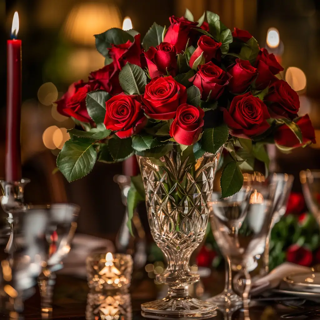 love bouquet flower red dinner crystal vase romantic candle photography