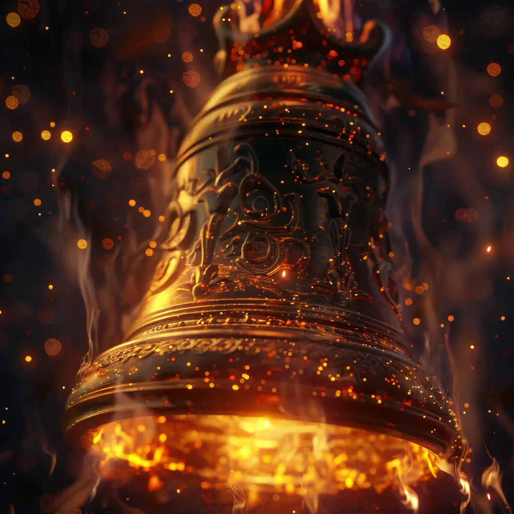 temple bell fire lighting gold golden Buddhism 3D CG