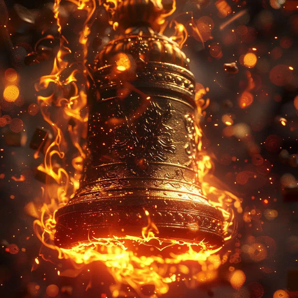 temple bell fire lighting gold golden Buddhism CG 3D