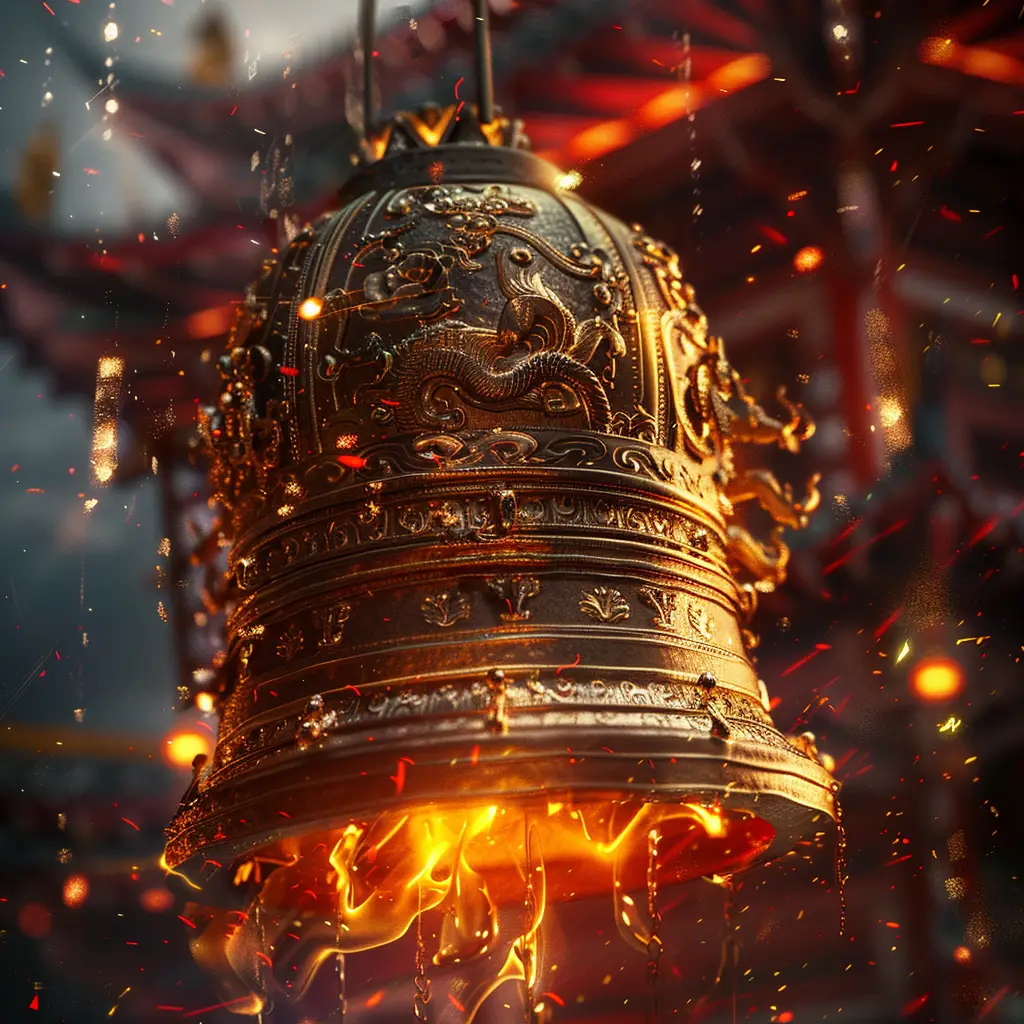 temple bell fire lighting golden gold Buddhism 3D CG
