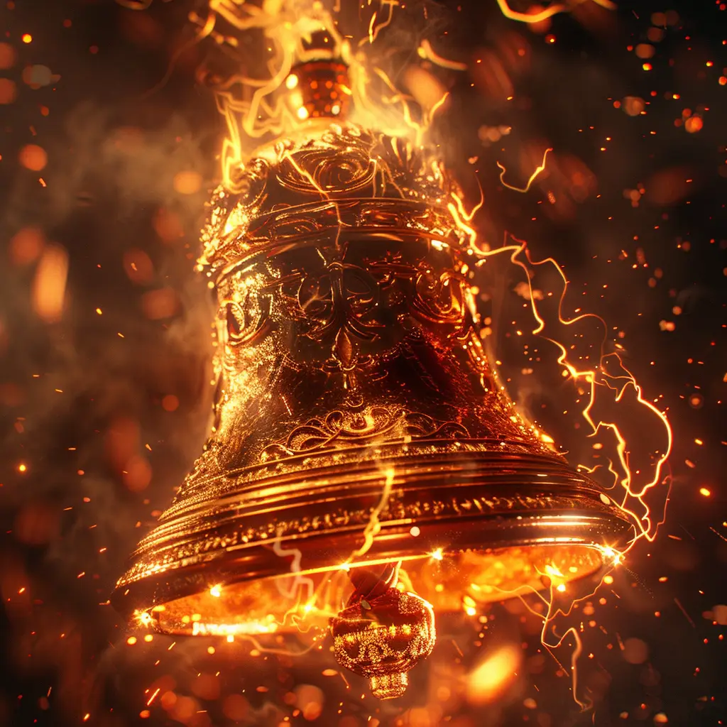 temple bell fire lighting golden gold Buddhism CG 3D