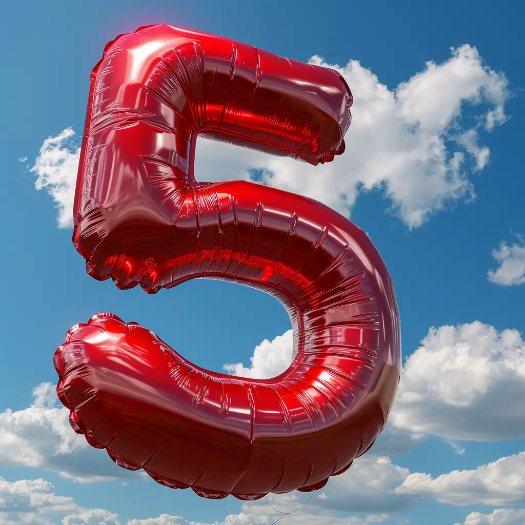 5 number red balloon 3D cloud sky