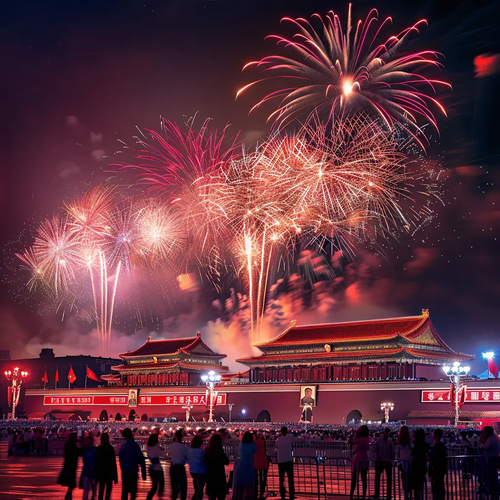 China red Chinese people night firework sky assembly Tiananmen Square illustration landscape National Day oil painting
