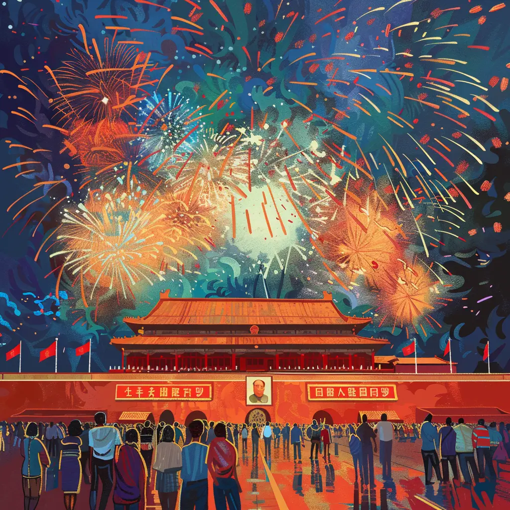 China red Chinese people night firework sky assembly Tiananmen Square illustration landscape oil painting National Day