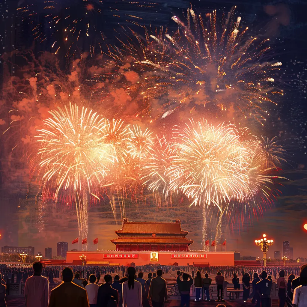 China red Chinese people night firework sky assembly Tiananmen Square landscape oil painting National Day illustration