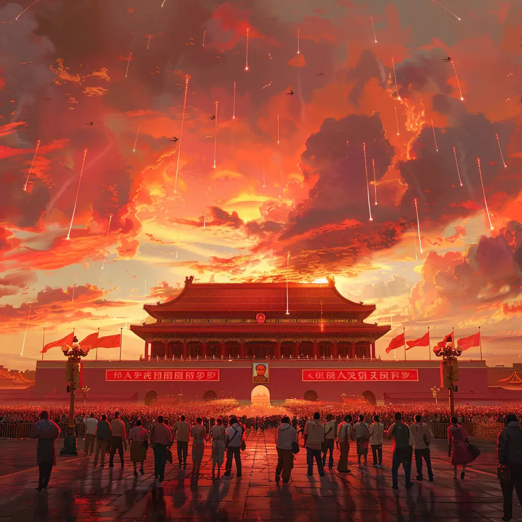 China red Chinese people sky assembly Tiananmen Square illustration landscape National Day oil painting