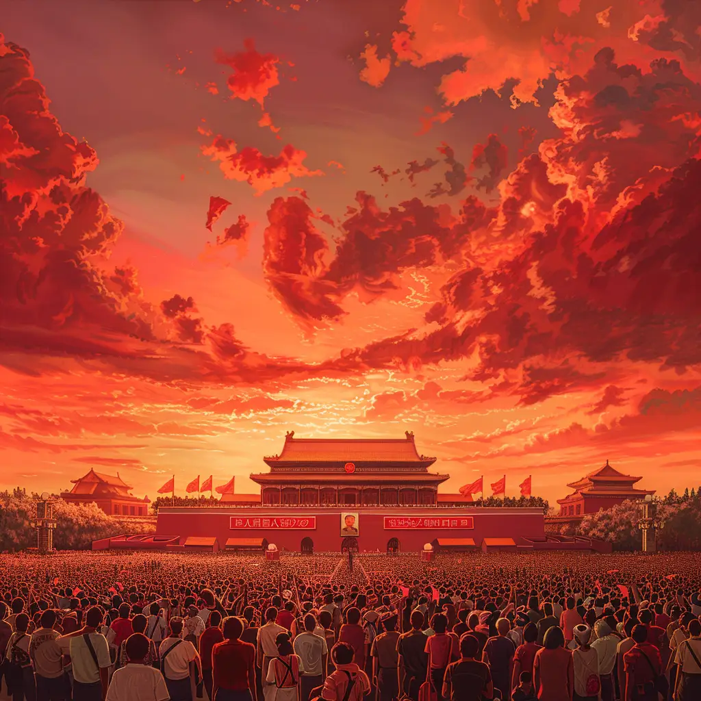 China red Chinese people sky assembly Tiananmen Square illustration landscape oil painting National Day