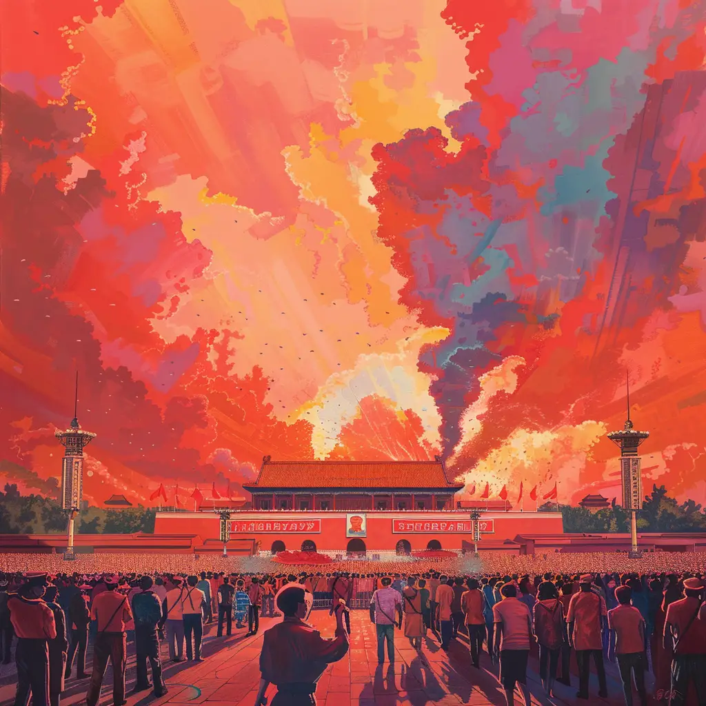 China red Chinese sky people assembly Tiananmen Square illustration landscape National Day oil painting