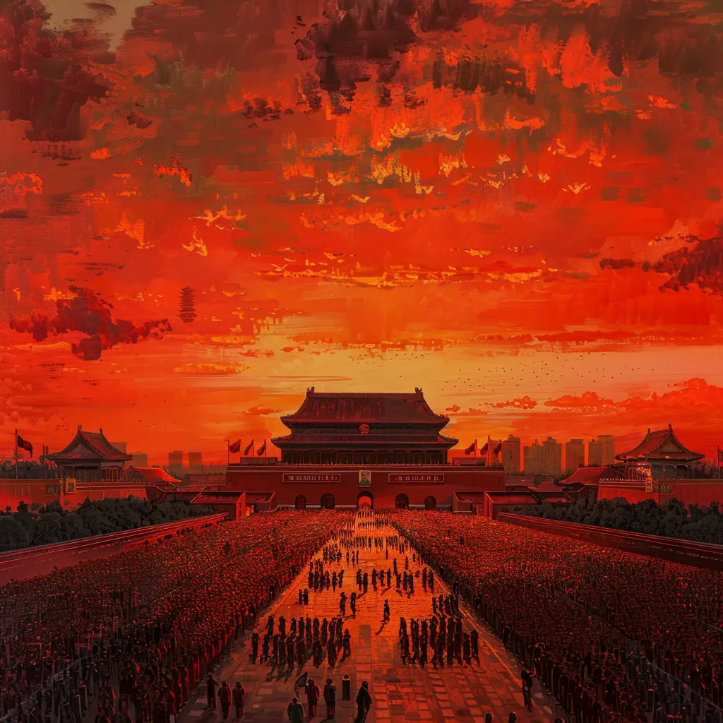 China red Chinese sky people assembly Tiananmen Square illustration landscape oil painting National Day