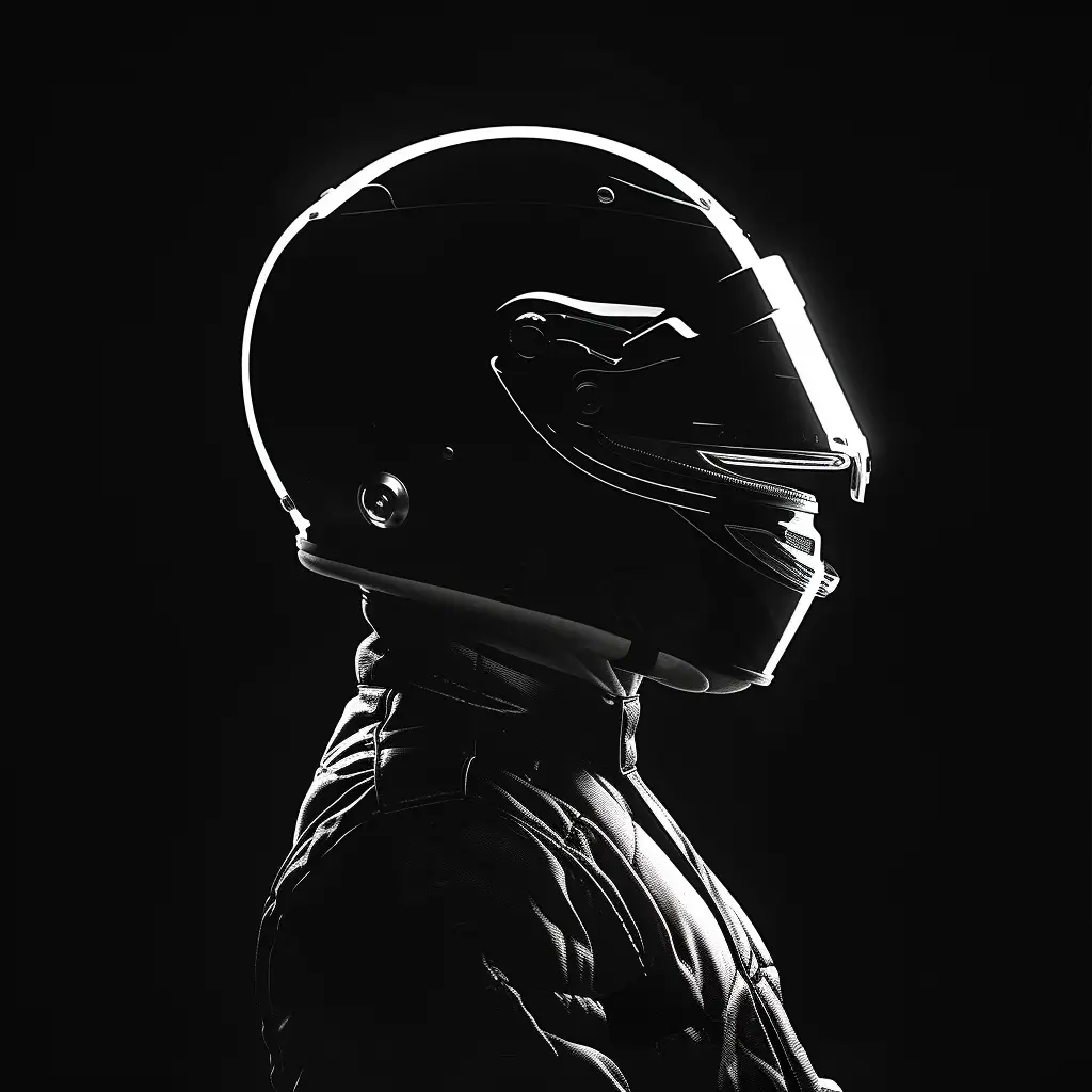 F1 driver race racing helmet black white light face head mysterious silhouette photography