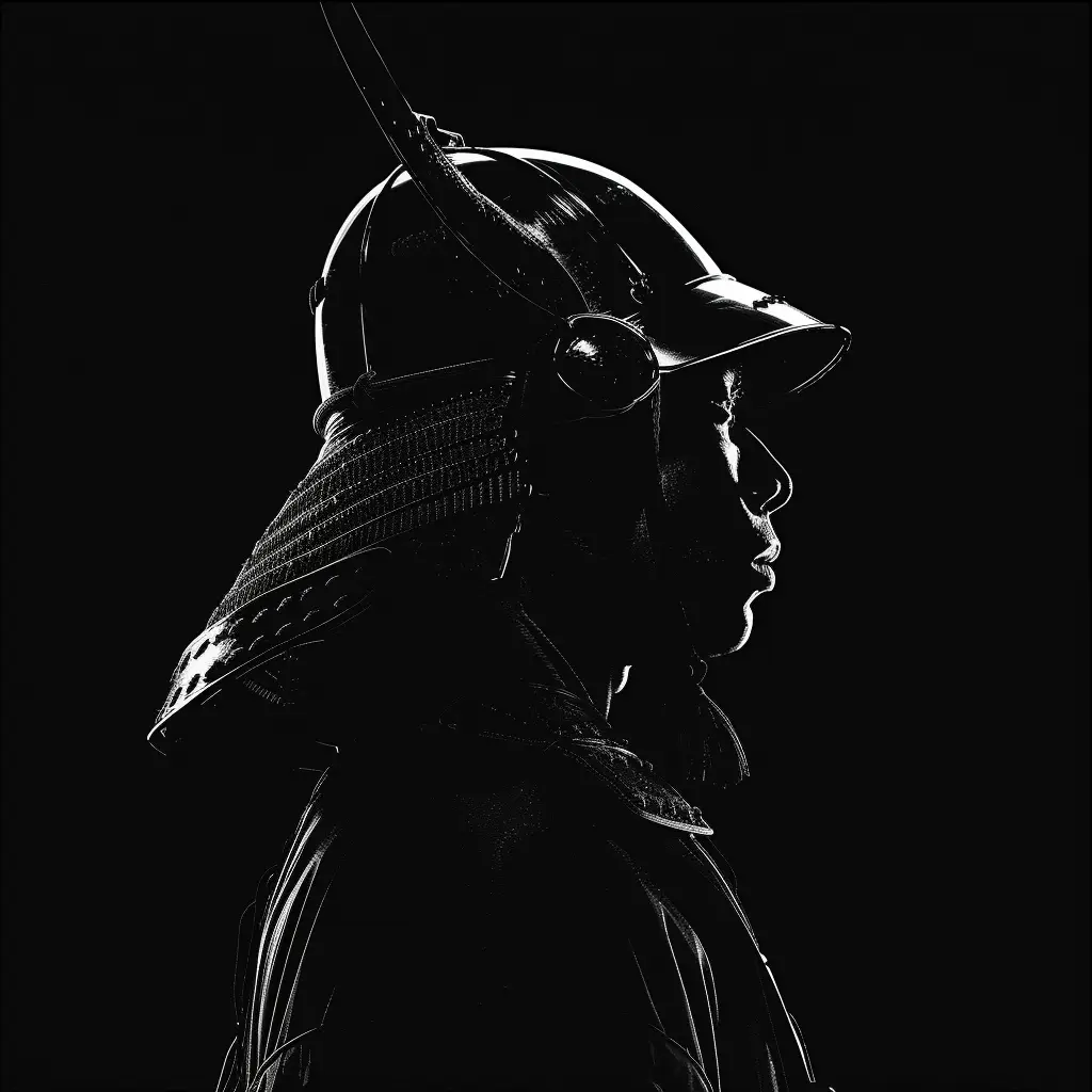 Japanese samurai helmet black white light face head mysterious silhouette photography