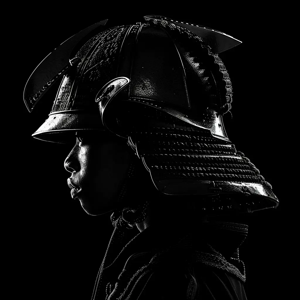 Japanese samurai helmet black white light head face mysterious silhouette photography