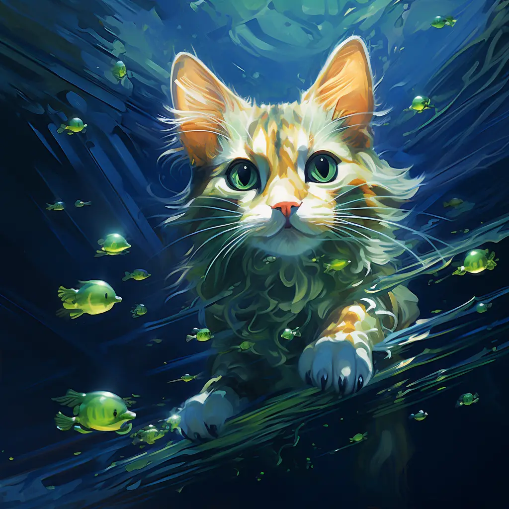 cat sea swim swimming water underwater oil painting
