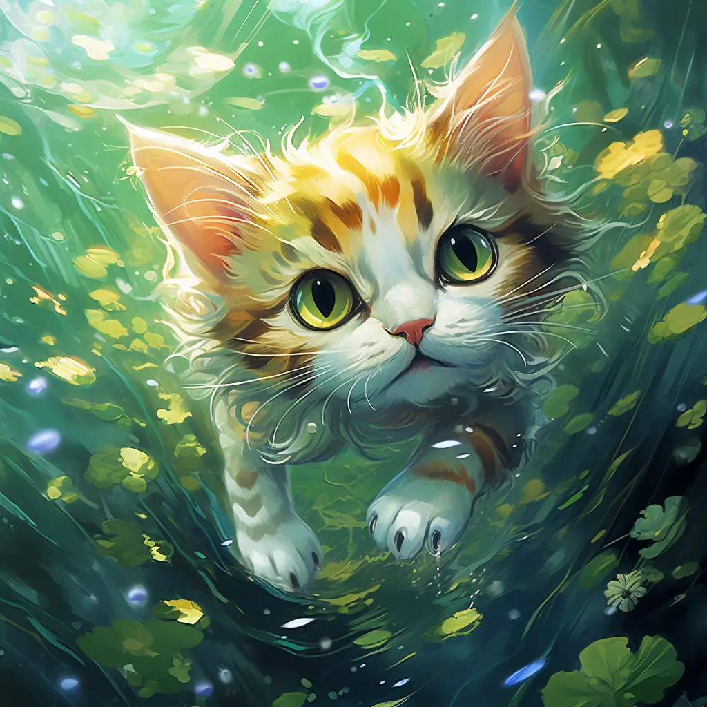 cat swim sea swimming water underwater oil painting