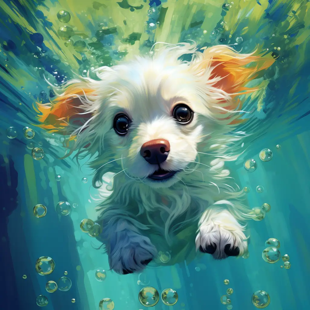 dog swim sea swimming water underwater oil painting