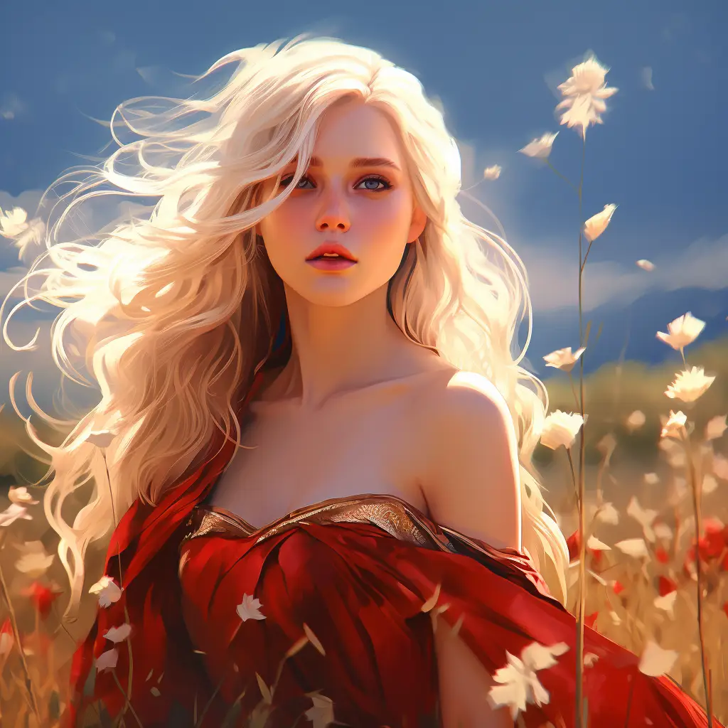 girl woman lady princess beautiful long hair dress red beautiful face drawing painting sunshine